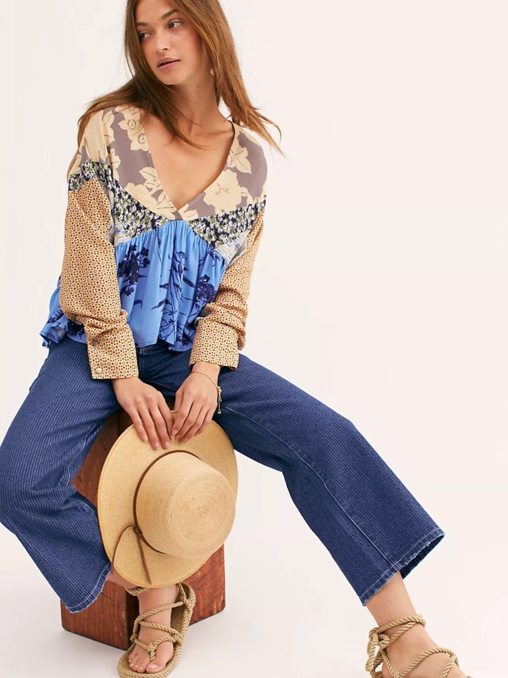 Free People Blue and Beige Floral Patchwork V-Neck Blouse